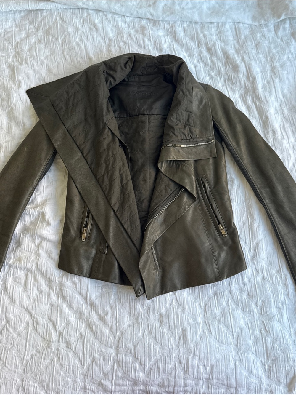 Rick Owens Draped Leather Jacket — Olive Green